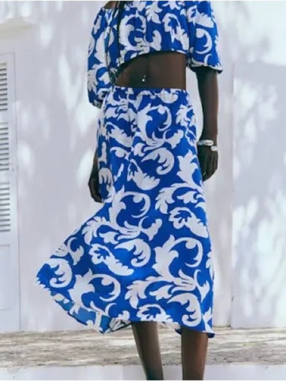 H&M NWT Blue & White Floral Midi Skirt + Crop Top Set Women